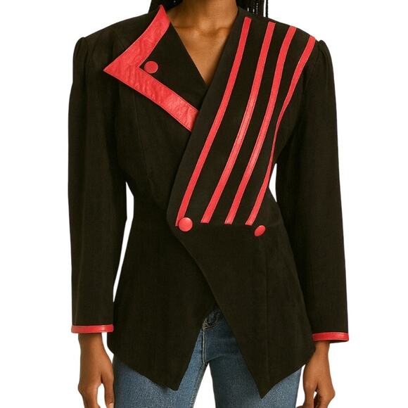 Vintage 80s Comint Black Red Accent 100% Leather Blazer Size 9/10 / S NEW Tags - Picture 1 of 16